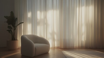 A serene interior room with a chair and natural sunlight