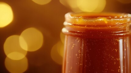 A close up shot of a jar of honey against bokeh lights