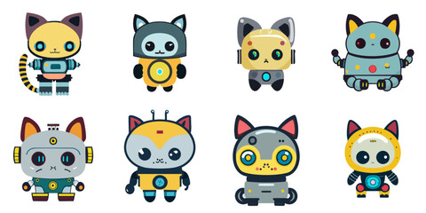 Obraz premium Multiple vector illustrations cute cat robot