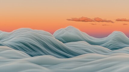 Abstract landscape illustration depicting flowing forms under a sunset sky