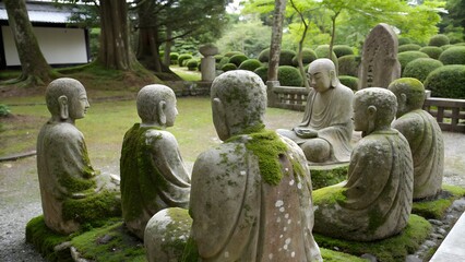 Serene Stone Buddhas Meditating in a Mossy Japanese Garden Landscape, showcasing ancient spirituality and tranquil nature with lush greenery and aged stone statues.