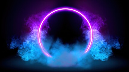 Obraz premium Vibrant neon-pink circular frame glowing against a dark background, surrounded by swirling blue and purple smoke creating a dynamic and otherworldly visual. The energetic movement of the smoke enhance