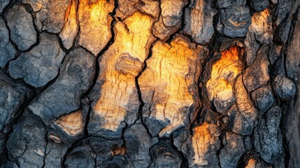 Detailed image of the sunlit textured bark of a tree