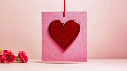 Shiny red heart on pink textured card hanging with roses against a pink background for valentine's day