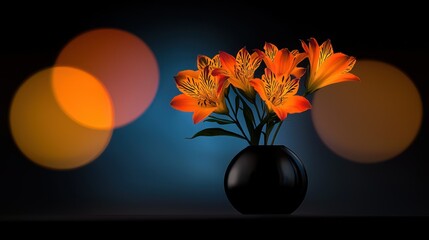 Orange flowers are arranged in a vase on a dark background
