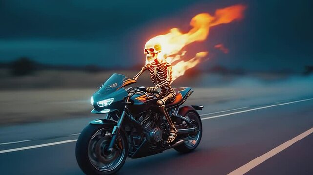 Flaming skeleton riding motorcycle on scenic highway at dusk