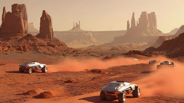 Futuristic rovers exploring monument valley on mars: a vision of extraterrestrial exploration - Powered by Adobe