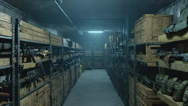 Underground armory storing military grade weapons and equipment