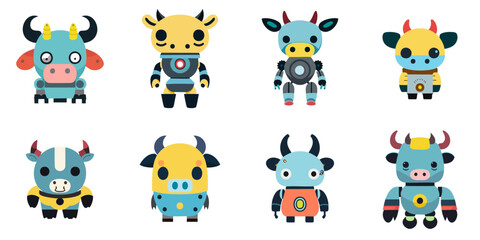 Multiple vector illustrations cute cow robot

