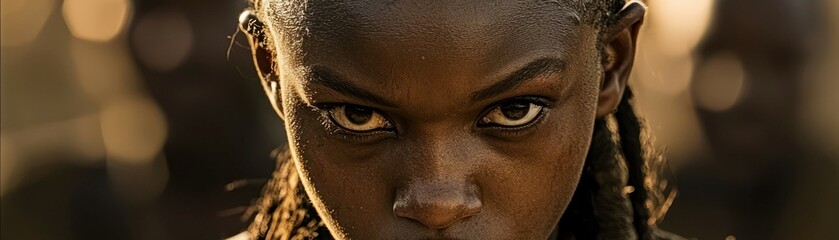 A determined young woman stares directly into the camera