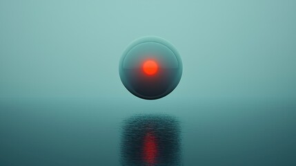 A futuristic orb with a glowing red core is floating above water
