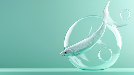A silver fish swims gracefully within a transparent sphere