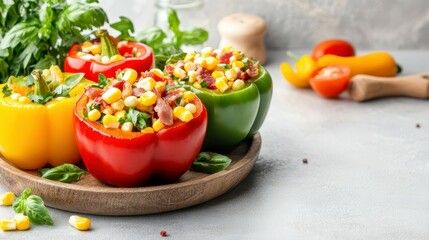 Stuffed Bell Peppers: A vibrant trio of colorful bell peppers—red, yellow, and green—are artfully filled with a savory corn and ham salad.  Fresh basil sprigs add a touch of freshness.