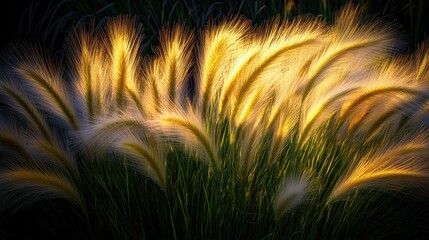 Golden light shines through tall elegant feathery blades of grass