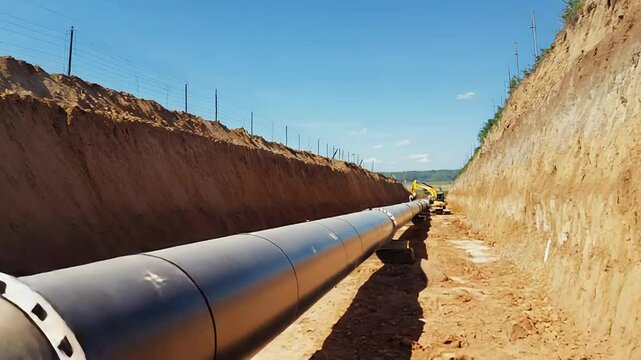 Construction of gas pipeline: installing large diameter pipes in trench