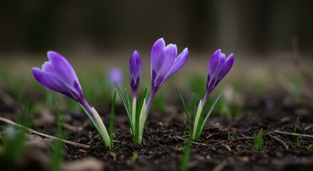 Emergence of Purple Crocuses in Spring Garden a Serene Floral Composition