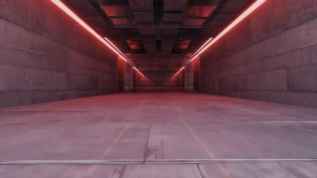 Red neon lights illuminating empty concrete corridor