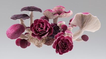 Fungi, cells, and spores converge into abstract forms of pathogens and viruses. 3D Style