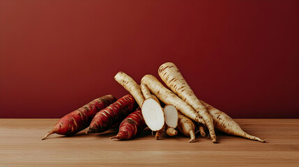 Assortment Of Sweet Potatoes And White Root Vegetables On Wooden Surface