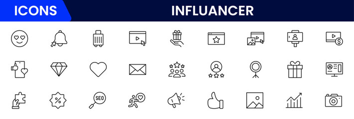 Influencer and blogging line icons collection. Big UI icon set in a flat design. Thin outline icons pack. Vector illustration