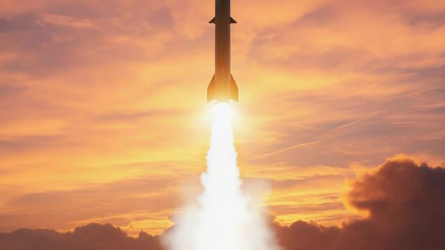Intercontinental ballistic missile launching at sunset with orange clouds