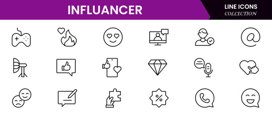 Influencer and blogging line icons collection. Big UI icon set in a flat design. Thin outline icons pack. Vector illustration