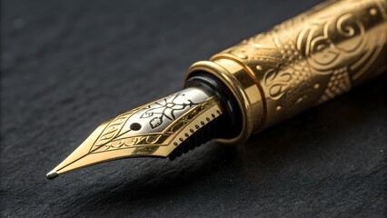 Exquisite Gold Fountain Pen Closeup Detailing Intricate Nib and Barrel Design, Perfect for Luxury Branding Stationery Writing Business Concepts