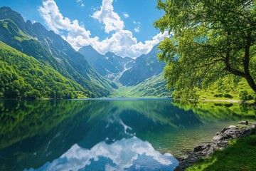 Fototapeta premium Serene Mountain Lake Reflecting Verdant Slopes and Azure Sky with White Clouds, Framed by Lush Green Tree Foliage on Lakeside