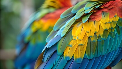 Vibrant Macaw Feathers Closeup Displaying a Spectrum of Rich Colors Blue Green Yellow Red Avian Wildlife Nature Photography