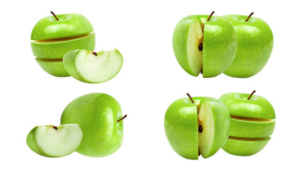 fresh green apples, sliced and whole, on transparent background
