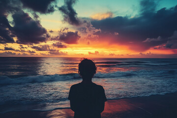 Fototapeta premium woman on the beach at sunset