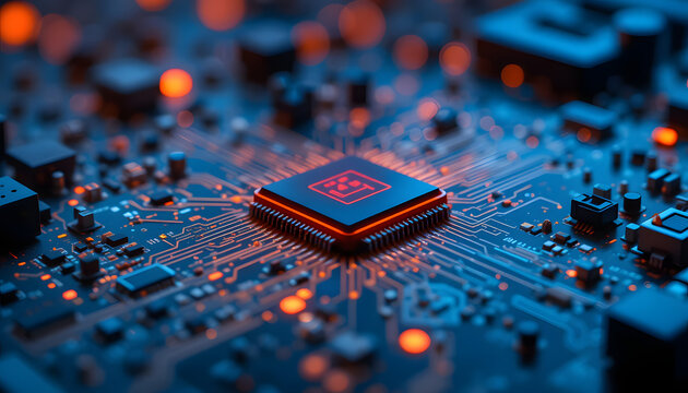 Title: Red-Glowing Microchip on Motherboard, Advanced Computing and Semiconductor Technology Concept