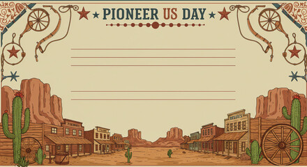 Vintage Pioneer Day Frame with Western Elements and Blank Space