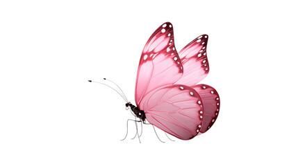 A pink butterfly with white spots on its wings isolated against a black background in a close up view on transparent background
