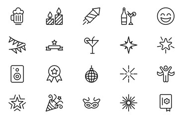 New Year and Celebration outline Icon Set. A festive collection of vibrant icons designed to enhance celebrations, perfect for party invitations, event promotions, and holiday-themed projects.