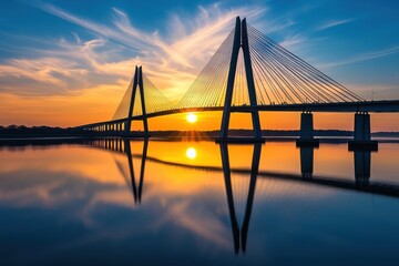 Obraz premium Stunning Arthur Ravenel Jr. Bridge at Sunset Reflecting in Calm Water, Charleston, South Carolina