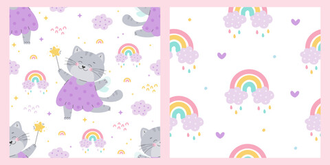 Pattern collection with magic cat and rainbows
