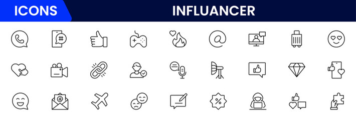 Influencer and blogging line icons collection. Big UI icon set in a flat design. Thin outline icons pack. Vector illustration