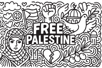 Vector background doodle advocating Free Palestine, drawn with thick black outlines and minimal details, emphasizing unity and hope through simple graphic motifs.

