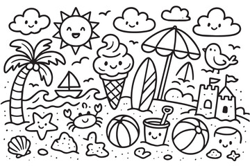 A beach-themed vector background doodle in black and white, using clean black outlines and minimal details to capture seaside elements with elegance.

