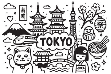 Stylized minimalist vector background doodle of Tokyo, outlined boldly in black, capturing the essence of the city with iconic buildings and simple geometric shapes.

