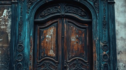 An old weathered wooden door with elaborate architectural embellishments