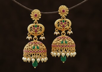 Elegant gold jhumka earrings with pink and green gemstones