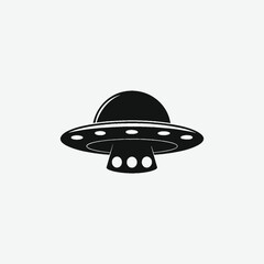 Explore a minimalist black silhouette of a classic disc-shaped flying saucer (UFO) in a clean, front-view style. Featuring a flat, symmetrical design with simple rounded shapes on a white background. 