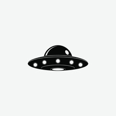 Explore a minimalist black silhouette of a classic disc-shaped flying saucer (UFO) in a clean, front-view style. Featuring a flat, symmetrical design with simple rounded shapes on a white background. 