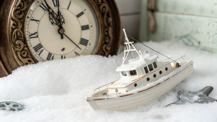 A miniature boat rests on faux snow beside an antique clock suggesting a nautical theme with elements of time and travel