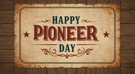 Happy Pioneer Day Vintage Western Banner with Wooden Texture and Covered Wagon