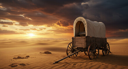 Covered Wagon in Desert at Sunset &ndash; Symbol of Pioneer Spirit and Western Expansion