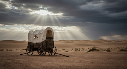Historic Covered Wagon in Desert Landscape under Stormy Sky &ndash; Pioneer Journey Concept