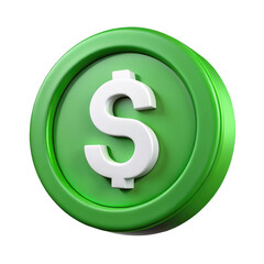 Obraz premium Dollar Currency Symbol on Green Coin 3d icon in cartoon plastic style minimal isolated on transparent white background, clipping path